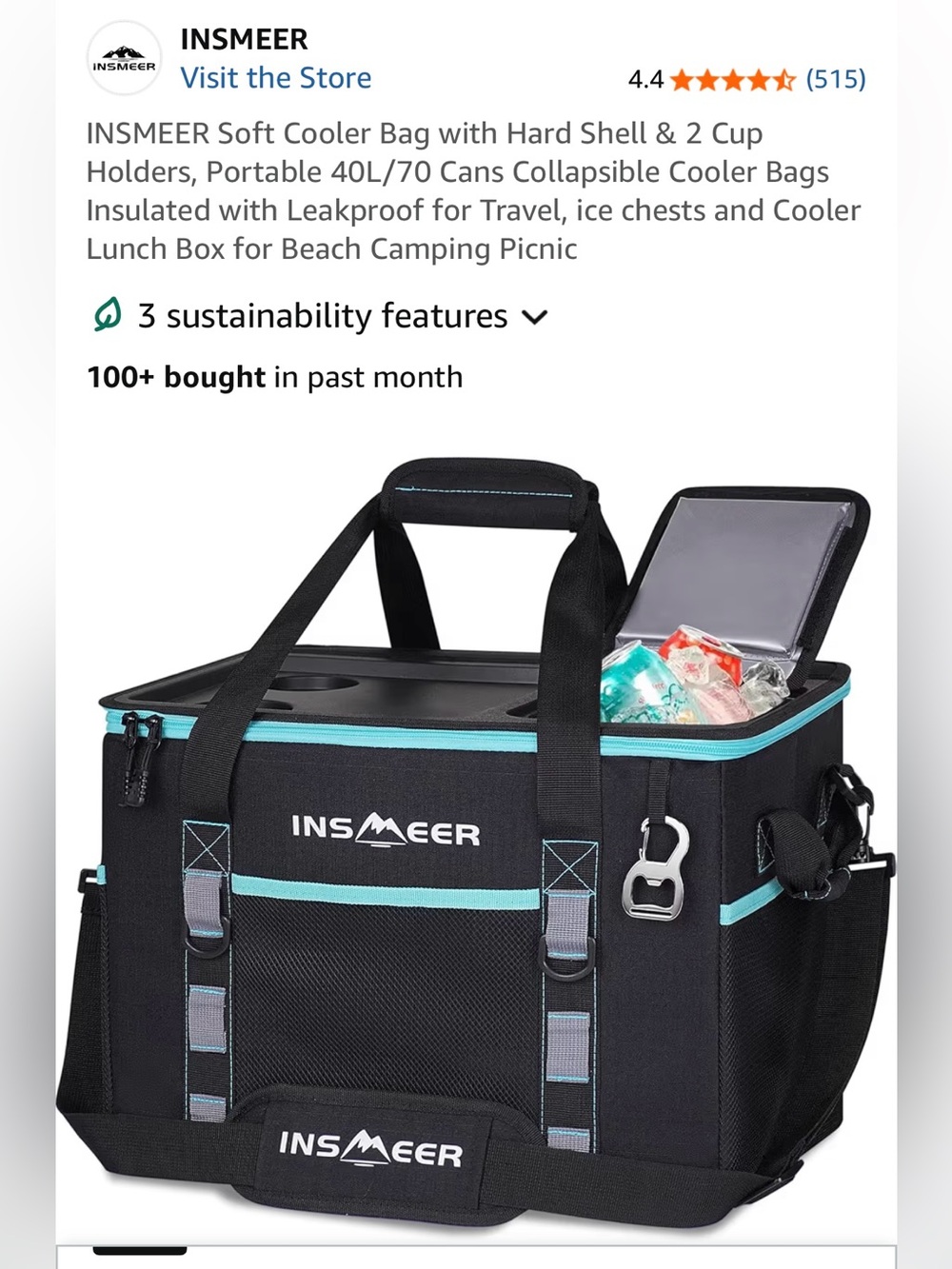 INSMEER 40L Black Soft Cooler Bag with Teal Trim